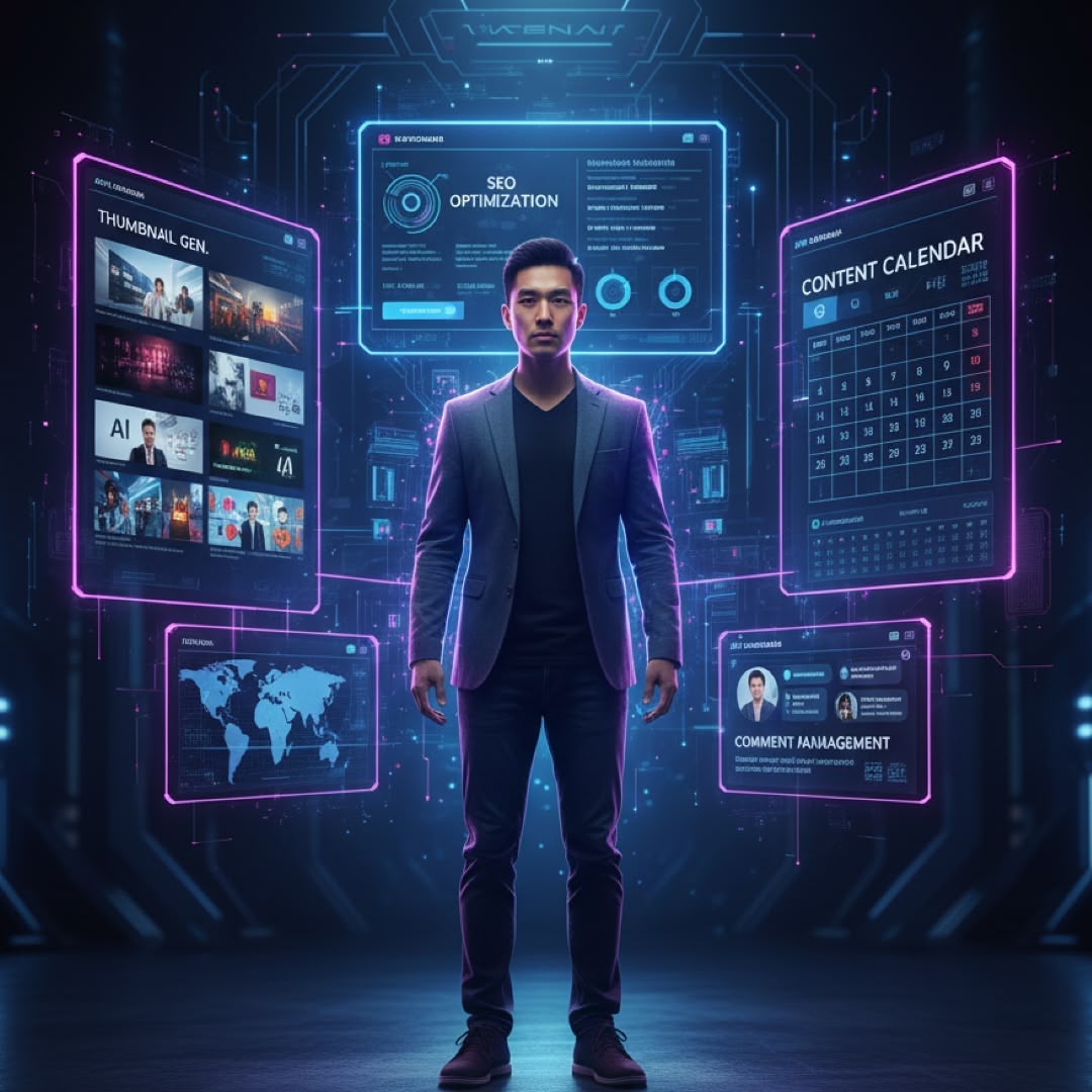 Factor Agents AI-Powered YouTube Automation Dashboard - Complete system showing thumbnail generation, SEO optimization, content calendar, and comment management